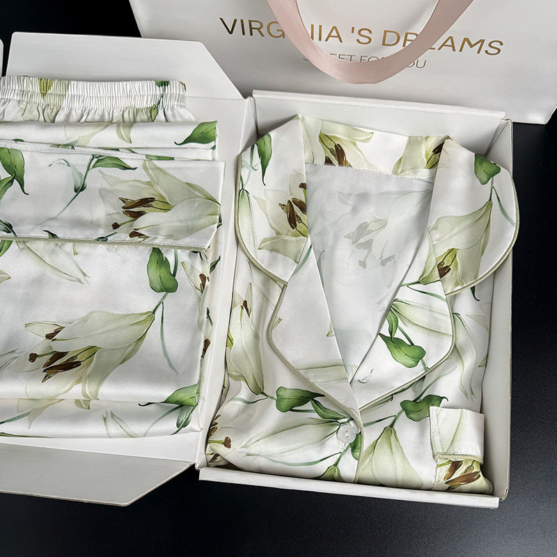 【百合花】长袖长裤翻领冰丝睡衣女款2026新款春季送妈妈生日礼物