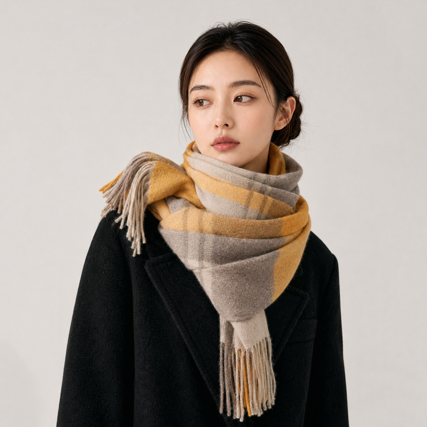 不扎脖子!100%美利奴羊毛围巾女冬季黄色格子百搭2026正流行围脖