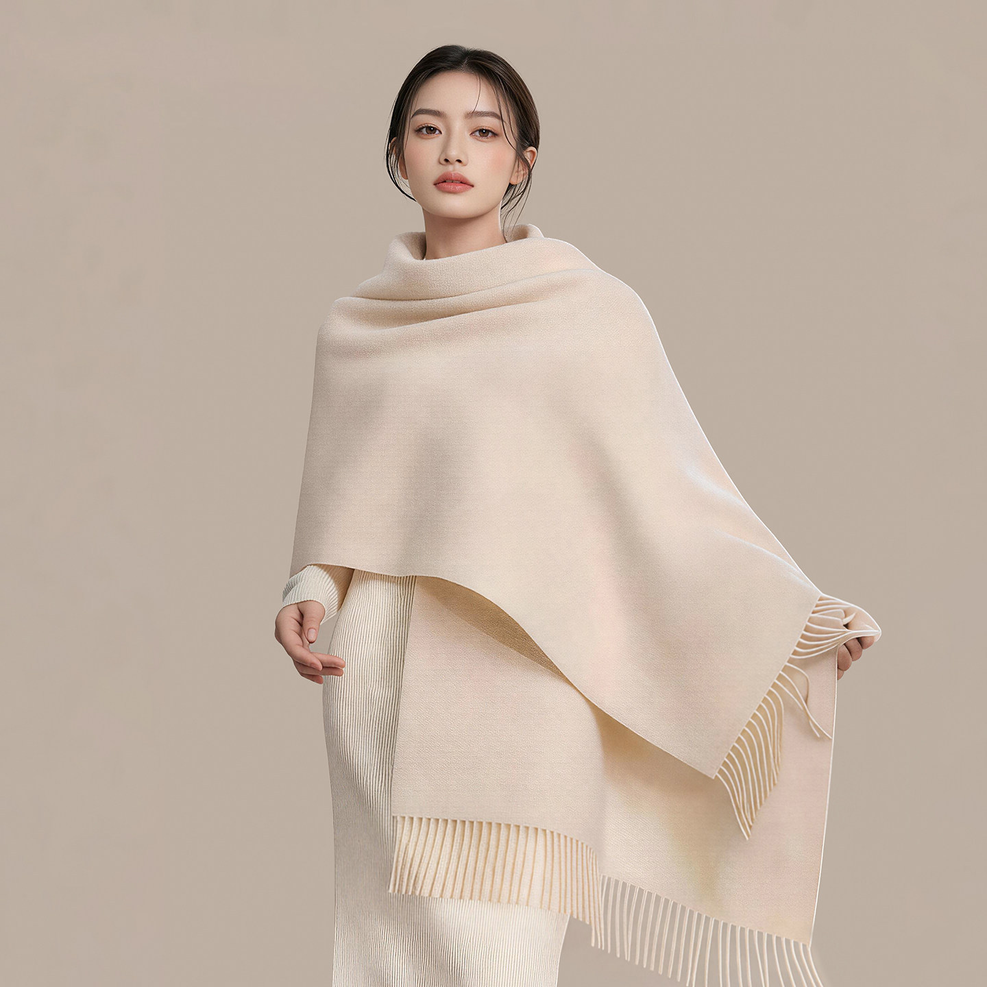纯羊毛披肩女秋冬新款流苏围巾保暖舒适时尚感外搭图片