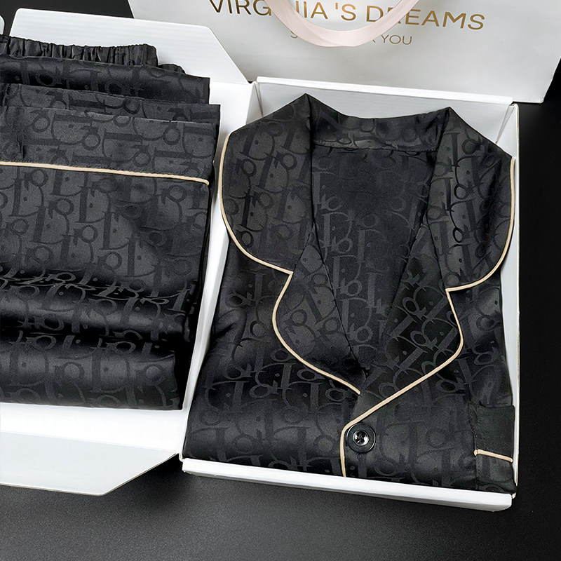 黑色字母男睡衣夏季冰丝黑色短袖薄款家居服套装送爸爸父亲节礼物