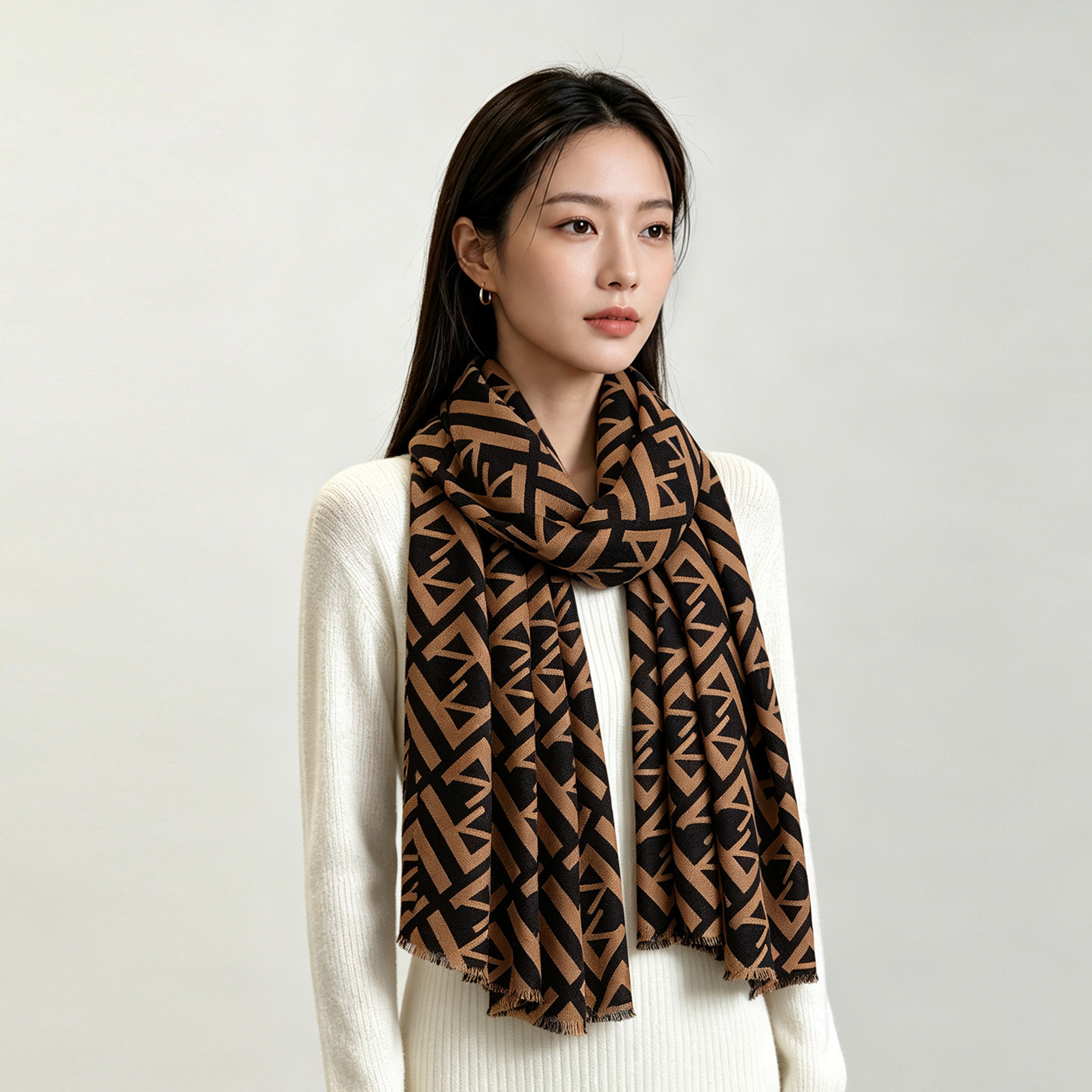 几何简韵复古纯羊毛围巾披肩女秋季新款日常百搭围脖拼色简约外搭