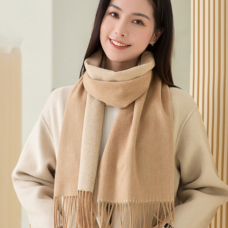 气质时尚风流苏围巾女冬季韩版百搭纯色双面100%纯羊毛厚围脖保暖