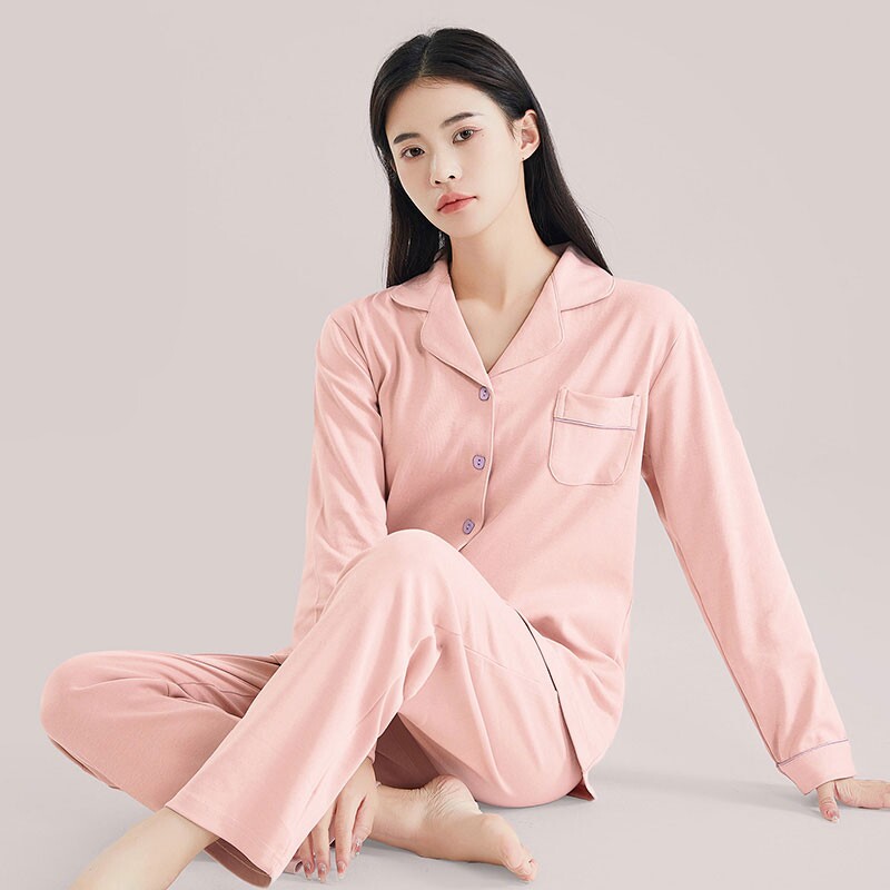 浪莎简约风粉色睡衣女款2026新款纯棉春秋休闲长袖长裤家居服套装