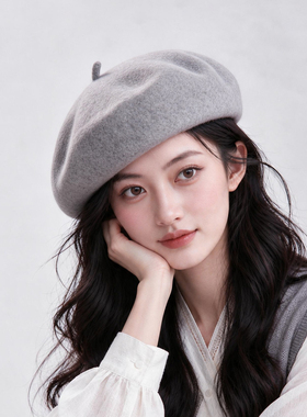 100%羊毛贝雷帽女秋冬新款韩系温柔灰色帽子复古气质显脸小画家帽