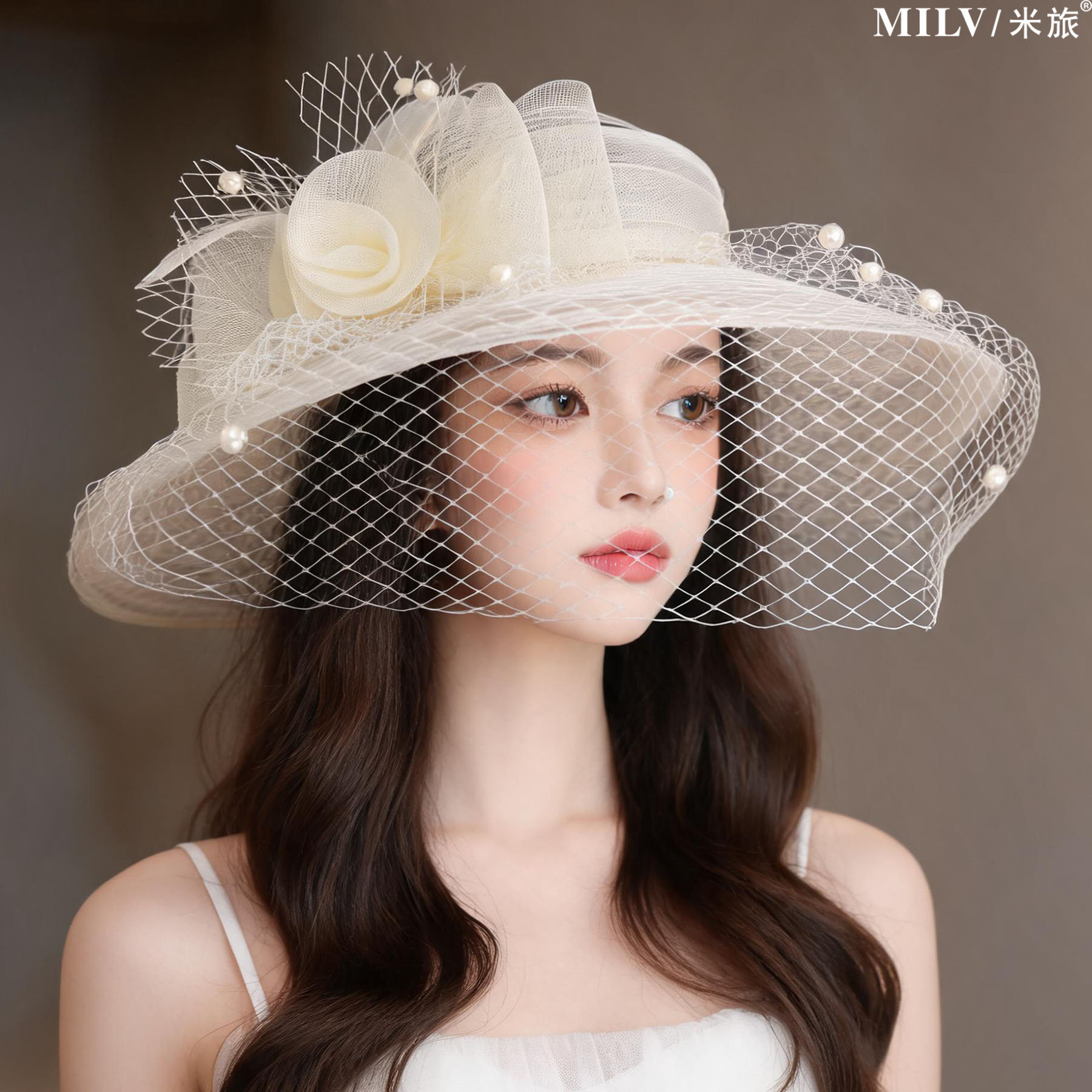 法式复古玫瑰网纱防晒大檐礼帽女