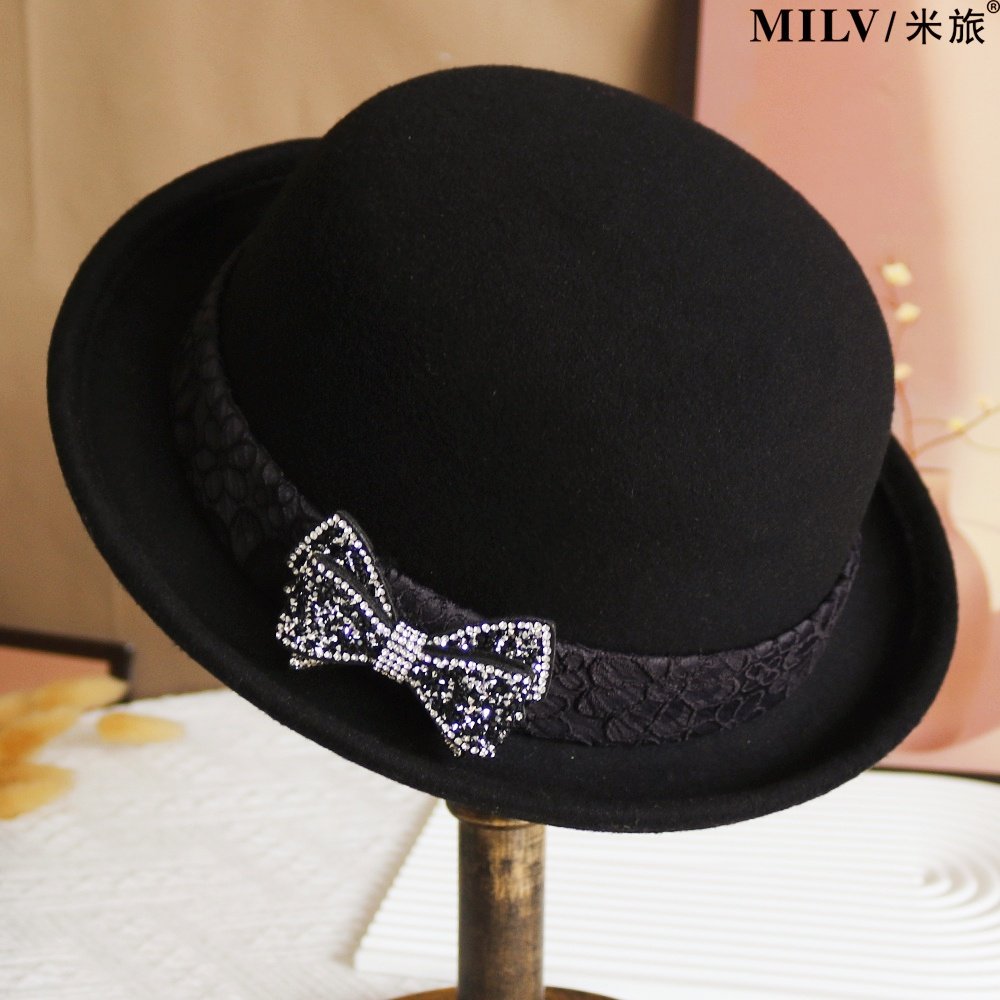 帽子女秋冬羊毛呢帽优雅卷边盆帽水钻蝴蝶结渔夫帽英伦休闲礼帽潮