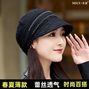 鸭舌蕾丝帽女春夏水钻包头帽