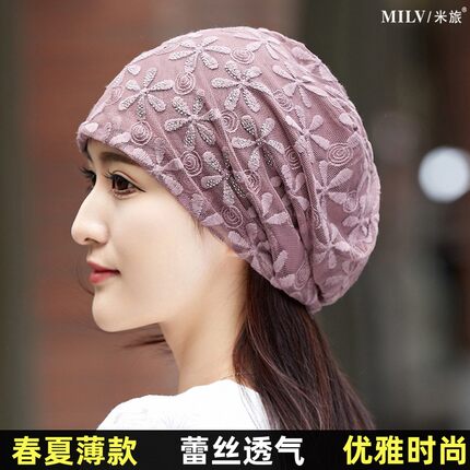 春夏蕾丝堆堆帽女薄款透气镂空头巾帽休闲光头帽遮白发时尚包头帽