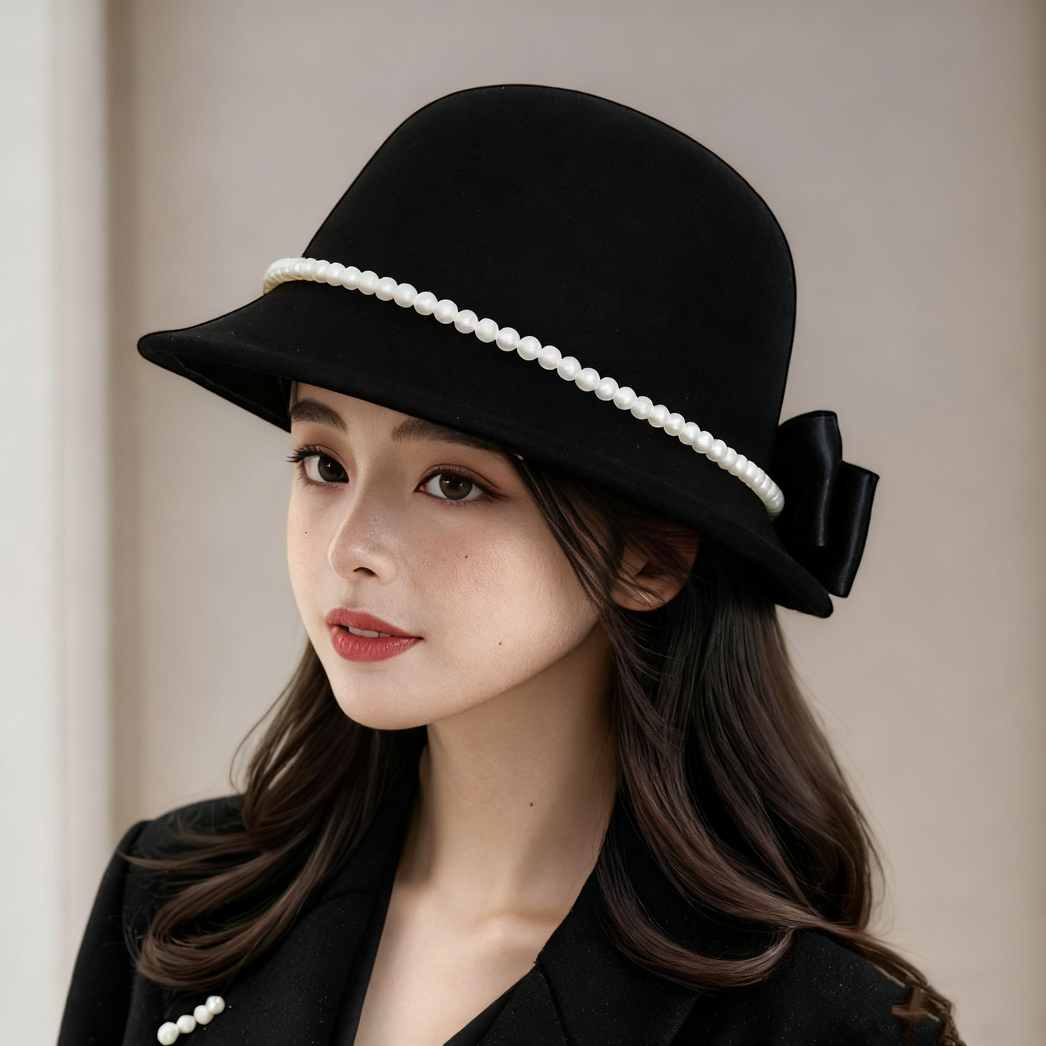 赫本风山茶花珍珠礼帽女秋冬法式优雅千金风帽子显脸小毛呢渔夫帽