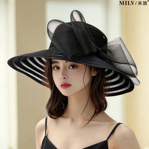 大檐遮阳帽女夏防晒太阳帽蝴蝶结优雅时尚可折叠海边度假沙滩帽子