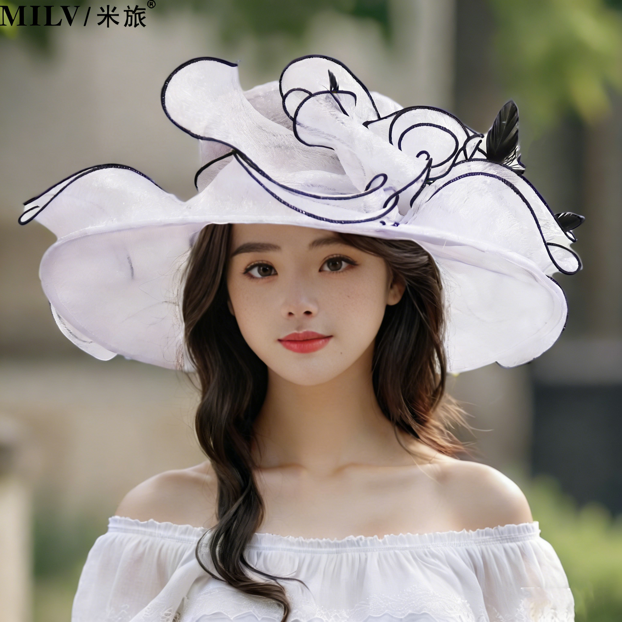 出游女夏大沿花朵欧根纱遮阳帽