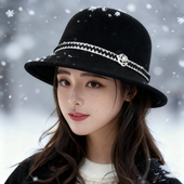 帽子女秋冬小香风羊毛呢礼帽简约复古渔夫帽时尚 百搭显脸小盆帽潮