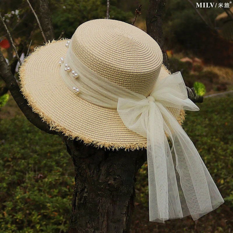 平顶草帽女夏蕾丝珍珠沙滩帽