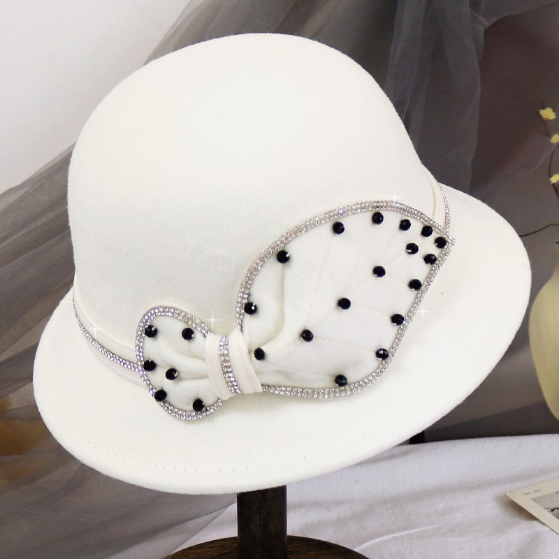 礼帽女秋冬水钻蝴蝶结渔夫帽优雅