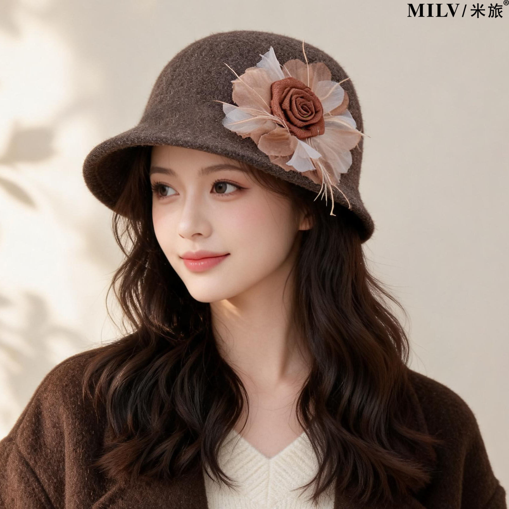 美拉德羊毛混纺针织花朵渔夫帽