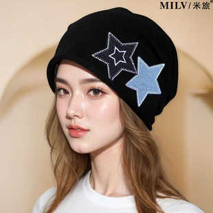 星星包头帽女春秋大头围显脸小堆堆帽子夏单层薄款街拍户外冷帽潮