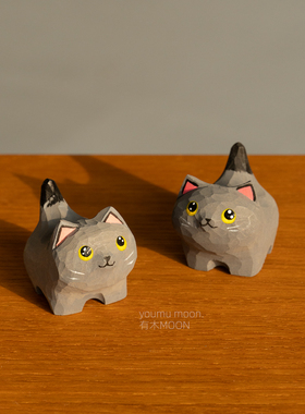粉耳小灰猫 大眼睛灰色小猫木雕手工可爱治愈桌面摆件礼物礼品