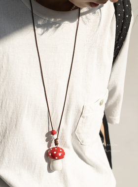 木质蘑菇项链 原创自制可调节棕绳小众设计可爱童趣百搭ins挂件