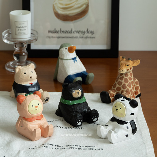 木雕动物手机支架 长颈鹿企鹅奶牛草莓熊西装熊黑熊桌面装饰摆件