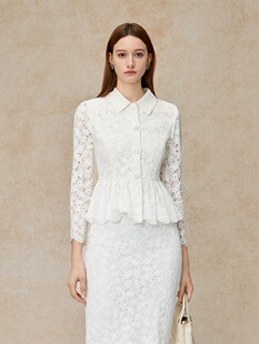 莫佐 2026千金复古白色蕾丝短外套翻领收腰荷叶边上衣 MOJO夏新品