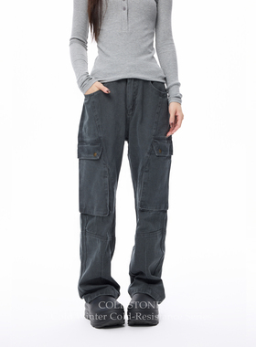 COLDSTONE  美式重磅厚实工装风宽松直筒休闲裤男女多口袋灰色裤