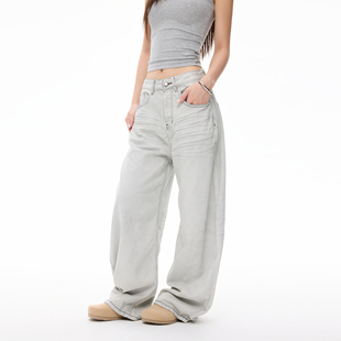 COLDSTONE美式复古水洗脏旧白弯刀牛仔裤男女宽松休闲阔腿长裤子