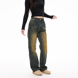 COLDSTONE 复古黄泥牛仔裤美式宽松直筒水洗做旧阔腿vintage长裤