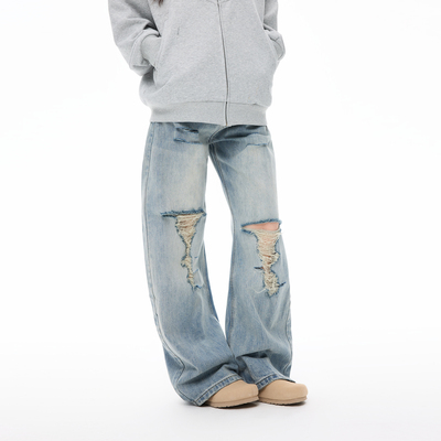 COLDSTONE复古破洞水洗牛仔裤2025年新款阔腿弯刀裤