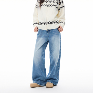 COLDSTONE款式阔腿裤中腰水洗蓝垂感长款潮流百搭牛仔裤
