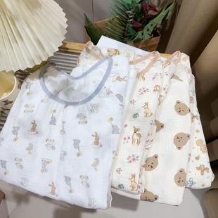 圓領(lǐng)套頭甜美可愛卡通印花家居服套裝 日系純棉紗布睡衣女春秋長袖
