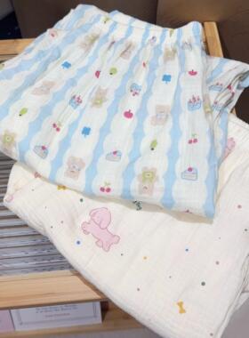 夏季棉纱裤A类家居裤双层纱休闲裤纯棉睡裤卡通印花遛弯裤长裤女