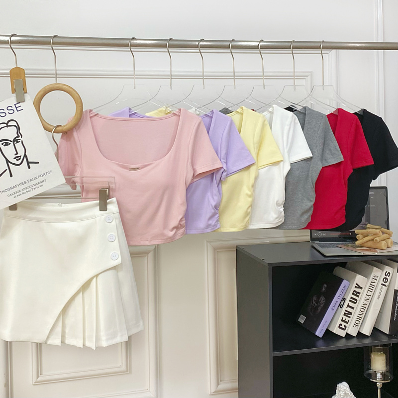 方领短袖带胸垫短款T恤上衣