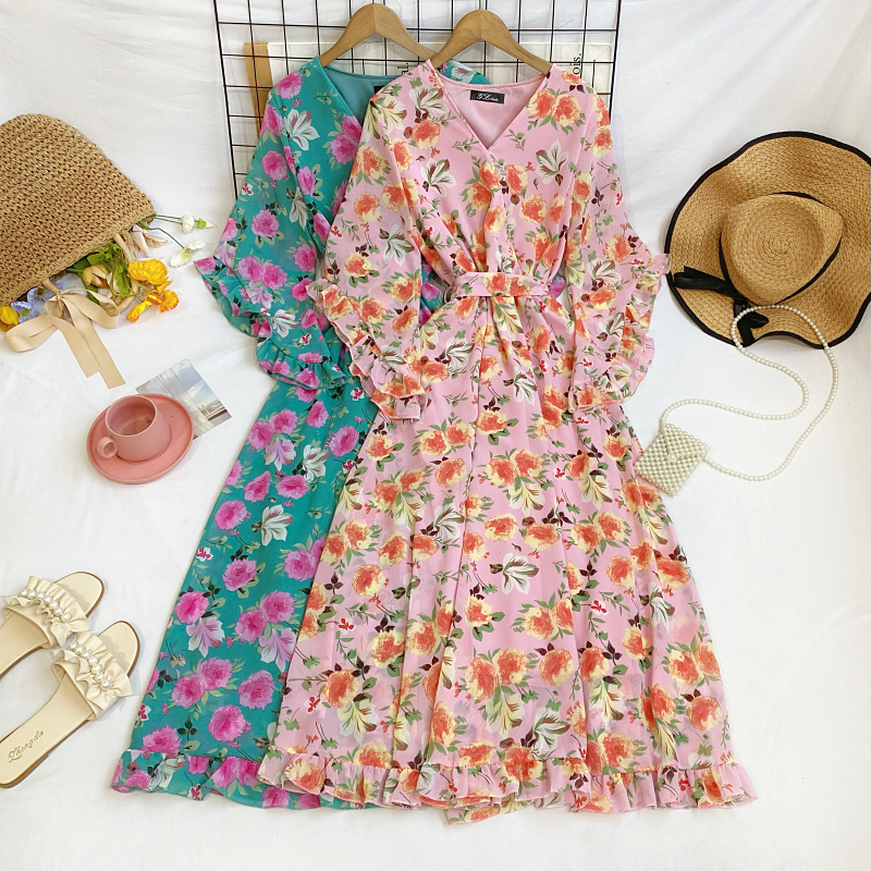 法式甜美温柔风V领喇叭袖雪纺绑带收腰荷叶边中长款连衣裙女春夏