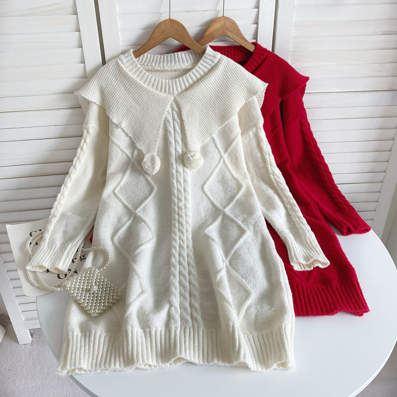 慵懒毛衣连衣裙女秋冬季2023新款复古风娃娃领软糯针织宽松中长裙