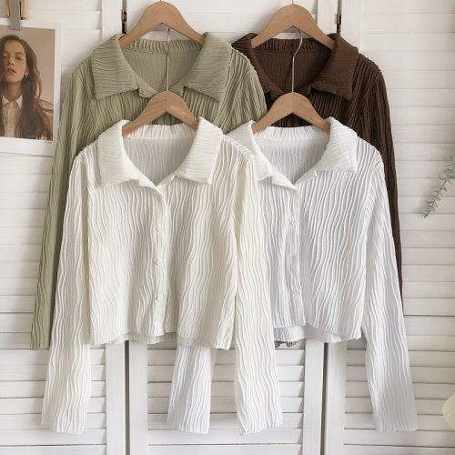 宽松韩版单排扣长袖混纺褶皱衬衫