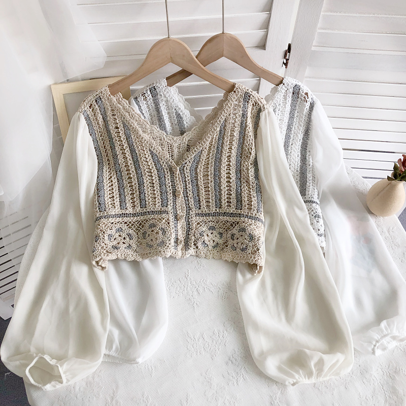 修身复古套头长袖针织雪纺衬衫