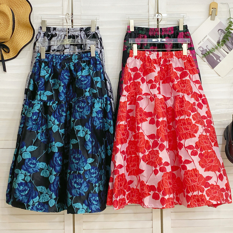 复古刺提花朵荷叶边半身裙女