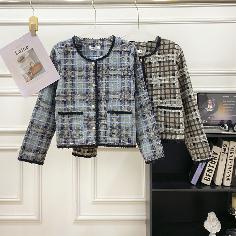 小香风圆领格纹长袖粗花呢外套女