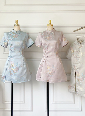 新中式复古气质盘扣短袖旗袍连衣裙+高腰显瘦阔腿短裤两件套女