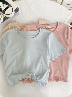 学院风小个子木耳花边短袖T恤女夏季2024新款甜辣高腰短款上衣