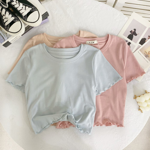 短袖学院风圆领木耳边修身T恤