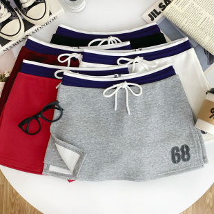 百搭高腰防走光短裙 新款 美式 复古运动风字母印花开叉半身裙女夏季