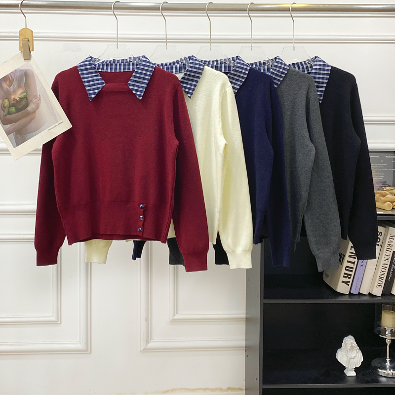 翻领学院风假两件长袖针织上衣