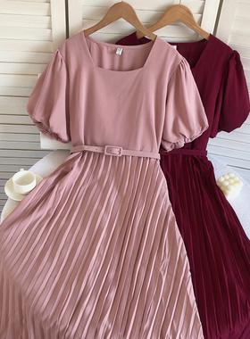 复古法式气质韩版方领泡泡短袖收腰显瘦百褶中长款大摆连衣裙女