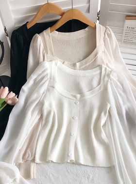 2021秋冬新款法式方领设计感雪纺泡泡袖拼接针织修身衬衫上衣女