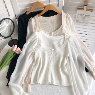 衬衫 2021秋冬新款 拼接针织修身 方领设计感雪纺泡泡袖 上衣女 法式