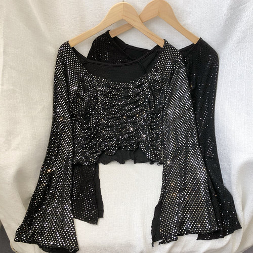 高腰欧美风套头长袖闪闪亮片衬衫