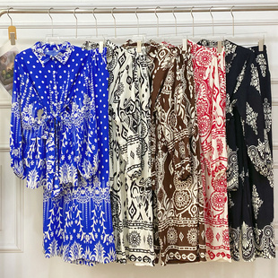 复古民族风翻领印花长袖防晒衬衫+高腰显瘦阔腿长裤两件套装女