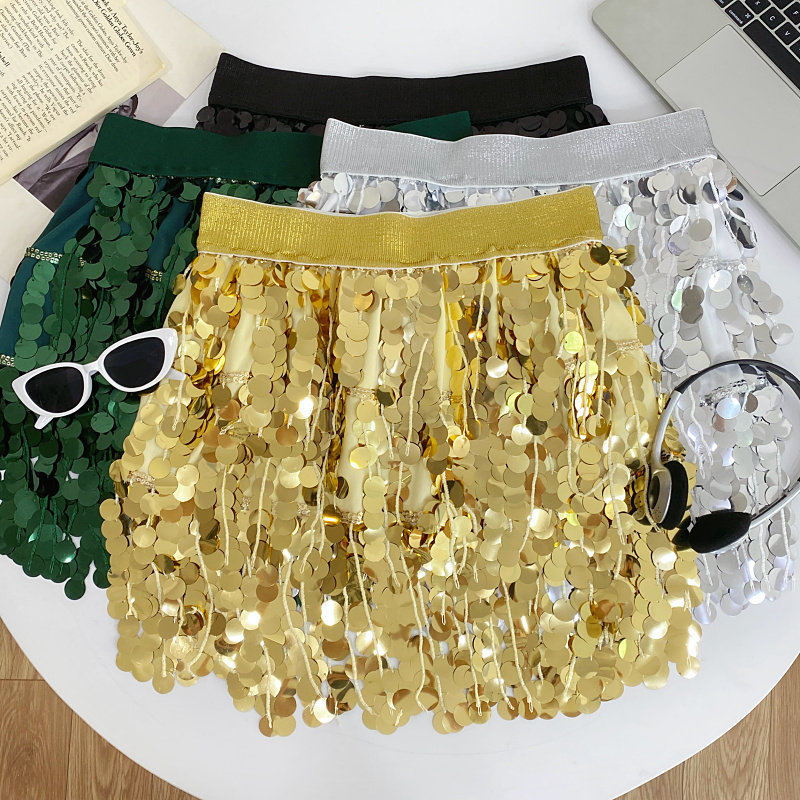欧美风松紧高腰显瘦流苏闪闪亮片a字直筒裙半身裙子短裙女秋冬,女装/女士精品,半身裙,淘宝优惠券,粉丝福利购,淘宝优惠卷