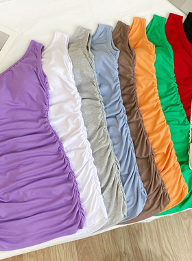 时尚性感斜领露肩无袖褶皱背心连衣裙女夏季气质修身显瘦包臀短裙